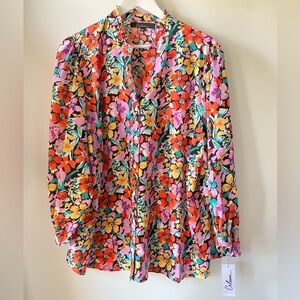 Calessa Floral Button Front Blouse 3X NWT Bright Multicolor Puff Sleeve Boho
